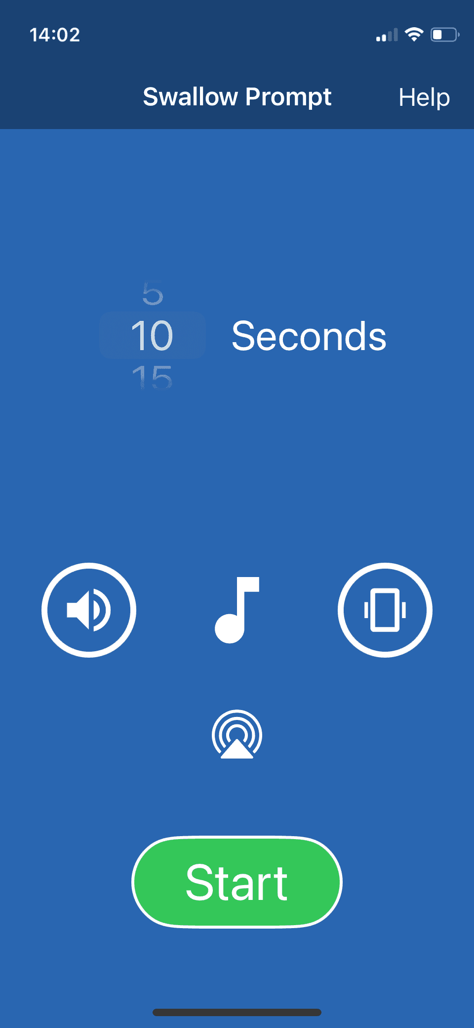 Swallow Prompt screen to change how quickly the sound is played, blue with a green Start button.