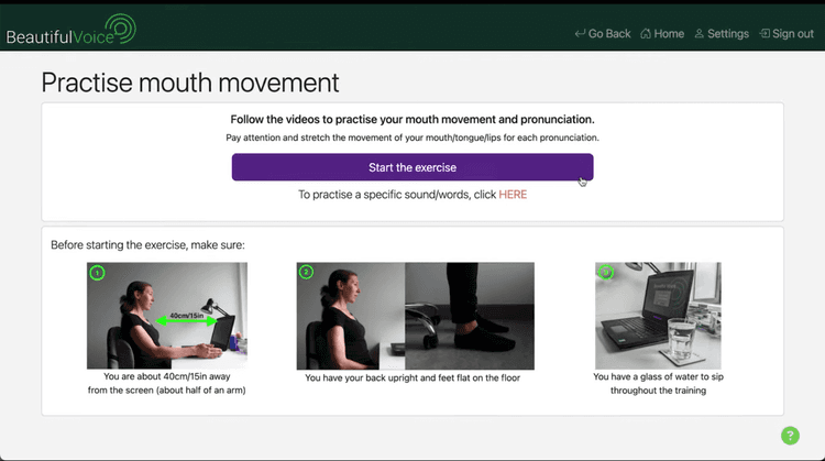 Screenshot of Beautiful Voice website showing a screen headed "Practise mouth movement"