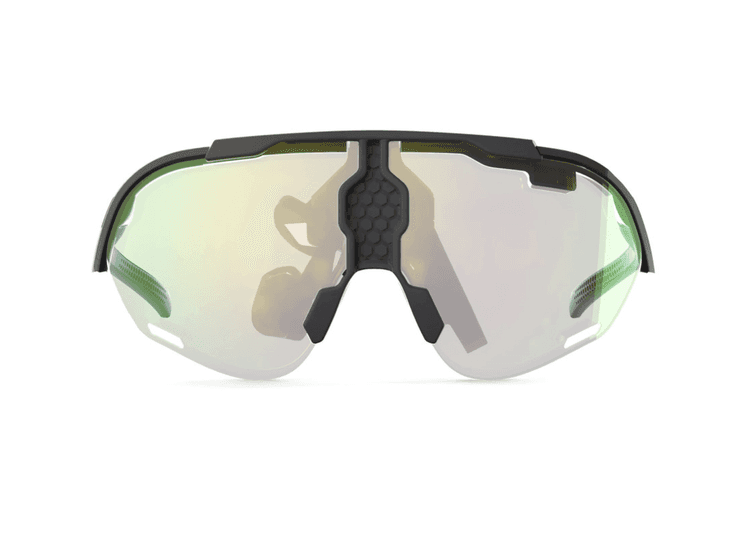 StrydAR glasses have large lenses with shapes behind the nose piece. They look like sports glasses.