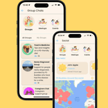A photo of two overlapping phones showing different screens of the app's community group chat feature.