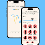 A photo of two overlapping phones showing different screens of the app's symptom tracking feature.