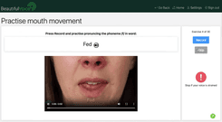 Screenshot of Beautiful Voice website showing a screen headed "Practise mouth movement", with a video of a white woman's mouth