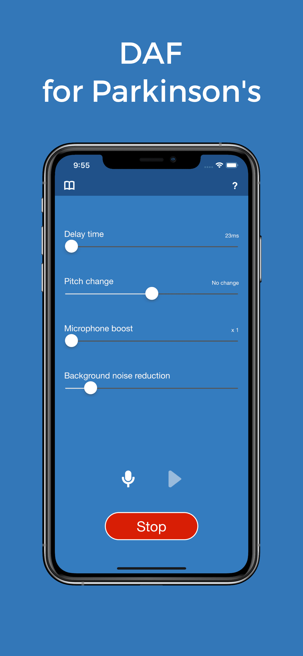 Screenshot of DAF Pro app. The words above the image say 'DAF for Parkinson's'.
