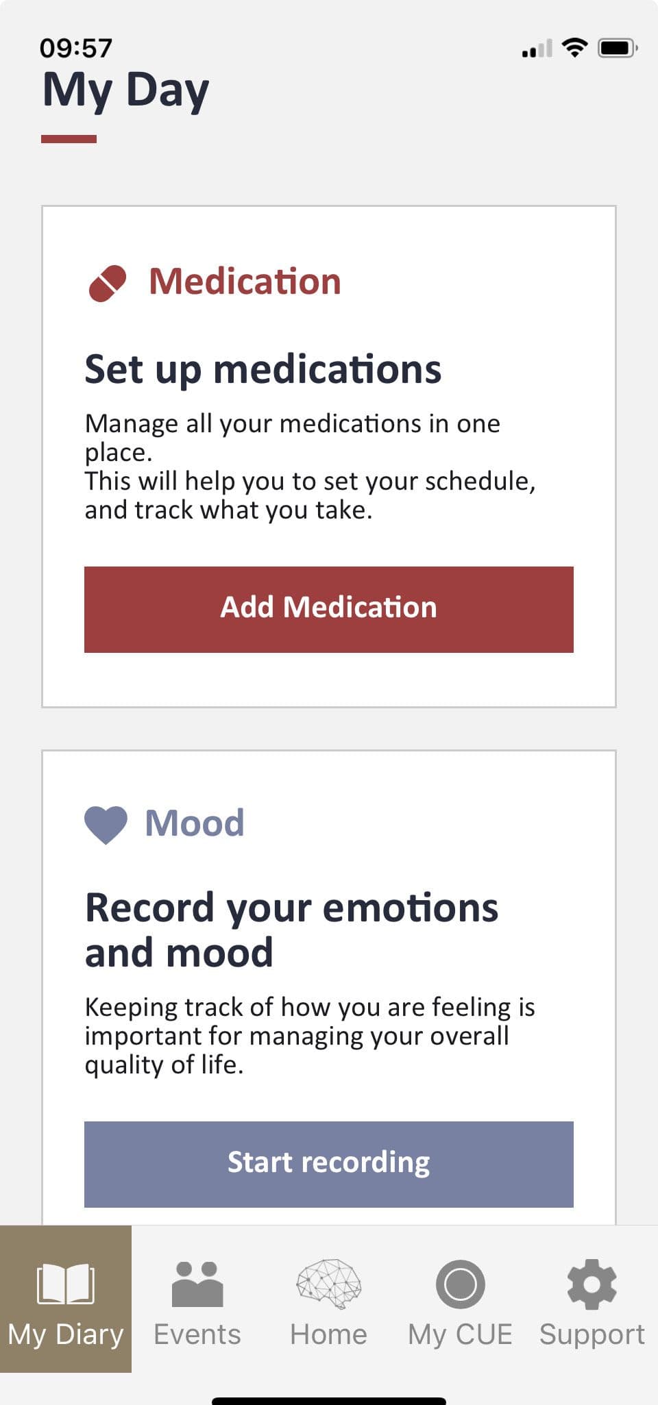 Screenshot of the 'My Diary' section of the CUE app.