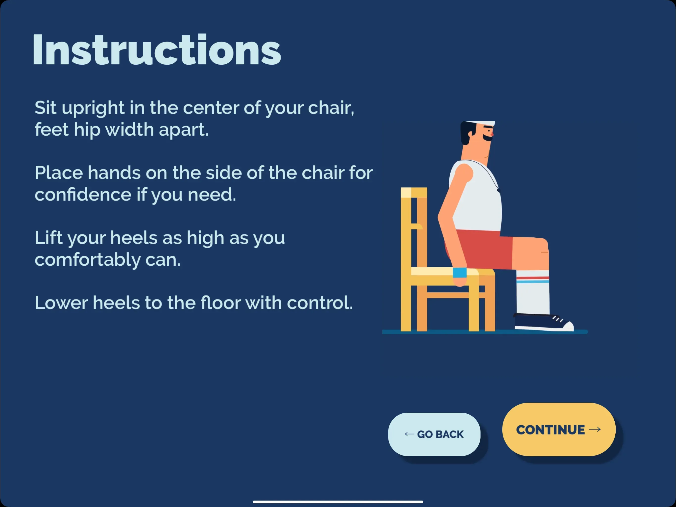 A screenshot of the instructions to an exercise in the KOKU app. There are several sentences and an illustration of a man sitting on the edge of a chair.