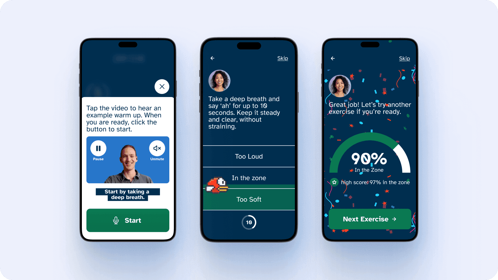 Three screenshots from the Loud and Clear app, including a score.