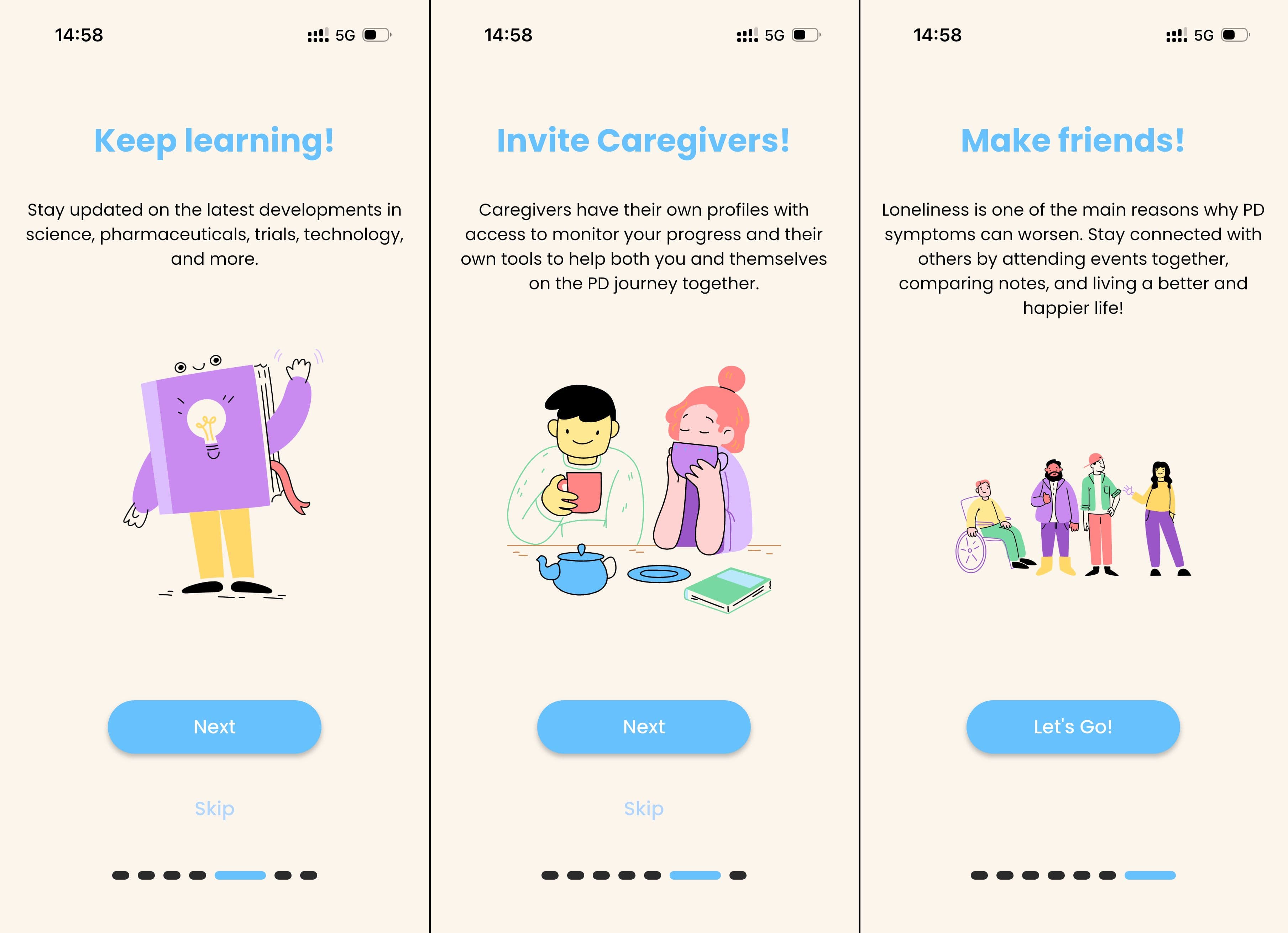 Three screenshots from the sign-up process for PD Buddy, listing three more main features in the app.