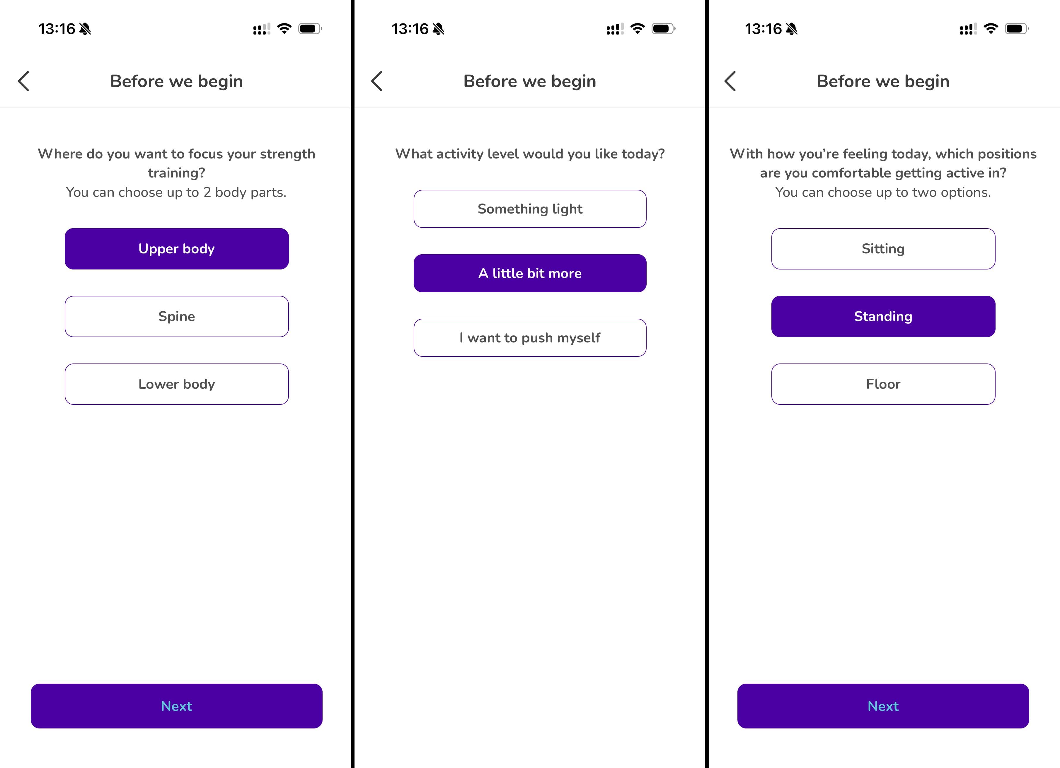 Three screenshots from the We Are Undefeatable app. The app asks to choose which body parts you want to exercise, what activity level you're interested in and whether you'd like to exercise sitting, standing or on the floor. 