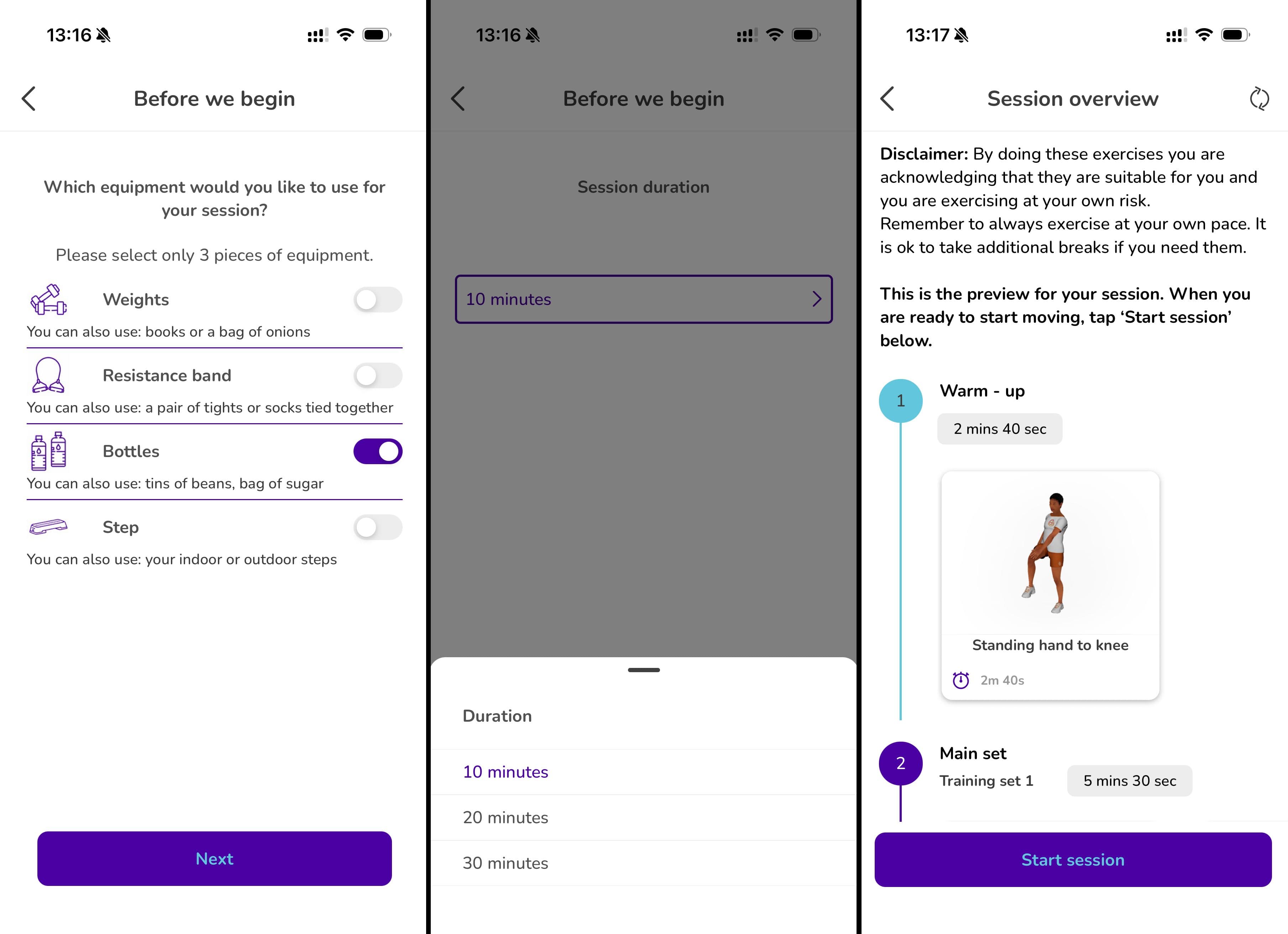 Three screenshots from the We Are Undefeatable app. The first asks what equipment you want to use, the second asks how long your want to work out and the third gives a preview of the exercise session that has been generated.