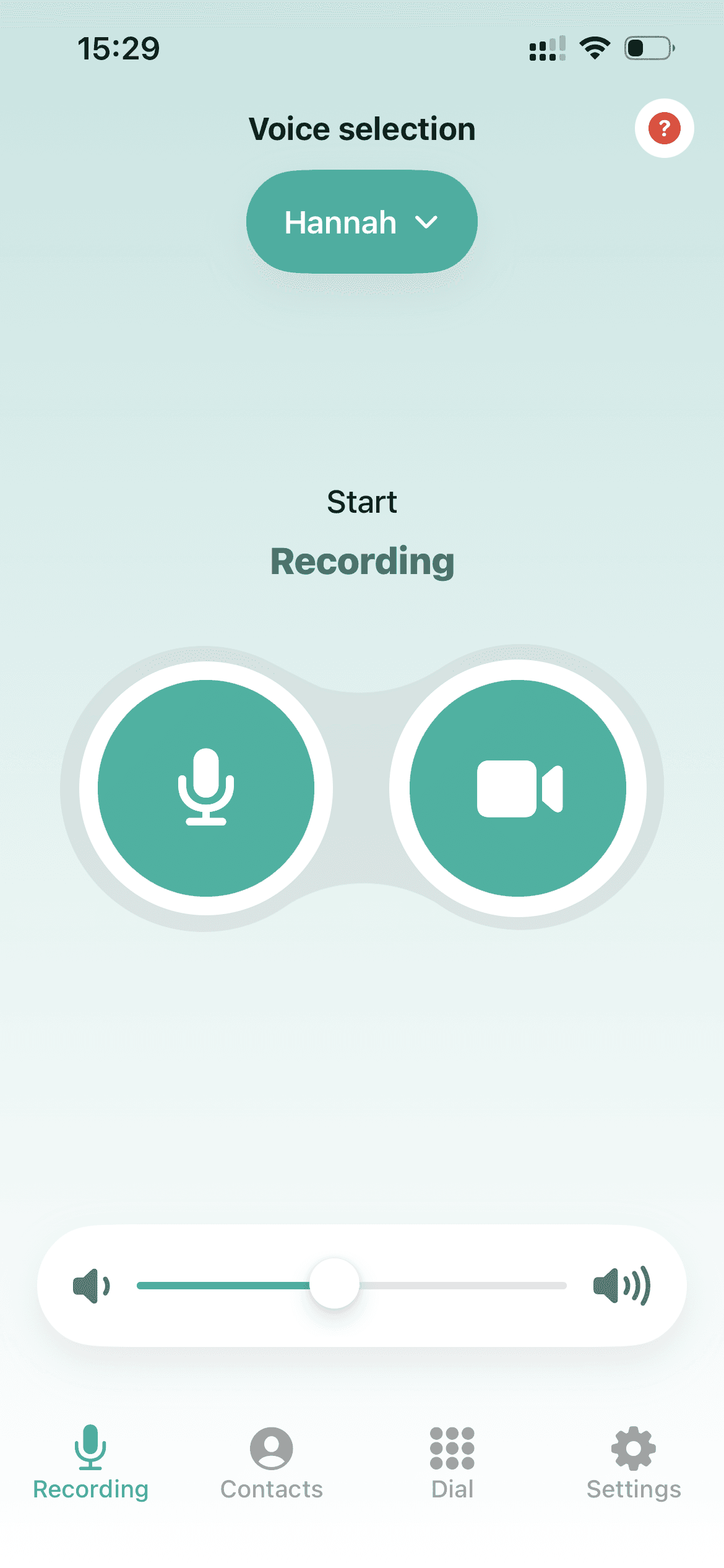 A screenshot from the Whispp app of the record message screen. You can see the chosen voice at the top of the page, along with two larger buttons in the centre. One is of a microphone for audio messages and the other a camcorder for video messages.