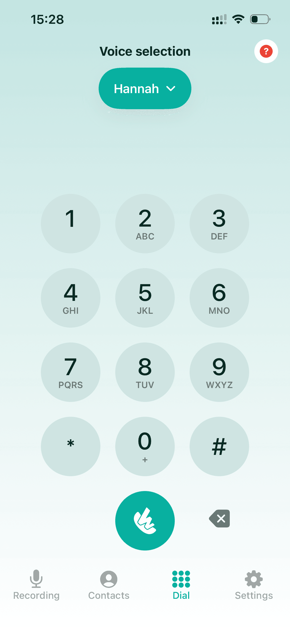 A screenshot of the phone call numberpad in the Whispp app. You can also see the chosen voice above the number pad, along with the call button below it.