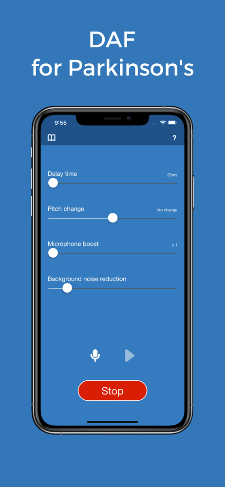 Screenshot of DAF Pro app. The words above the image say 'DAF for Parkinson's'.