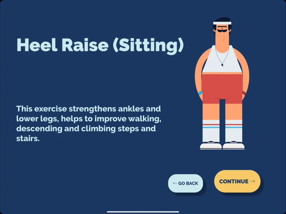 A screenshot of the Heel Raise (Sitting) exercise in the KOKU app. There is a brief description of the exercise along with an illustration of a man in gym clothes.