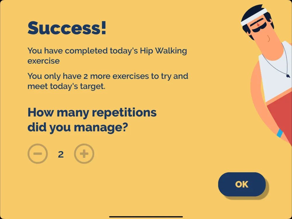 A screenshot of the final page after an exercise in the KOKU app. This person has logged 2 repetitions, though there are plus and minus buttons to log a higher or lower number.