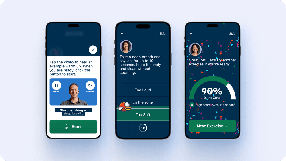 Three screenshots from the Loud and Clear app, including a score.