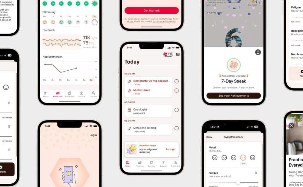 A collage of phones showing different screens from the MyTherapy app. Most of them are cropped in some way but the phone in the centre shows the Today page of the app with medications, an appointment and a check-in quiz available.