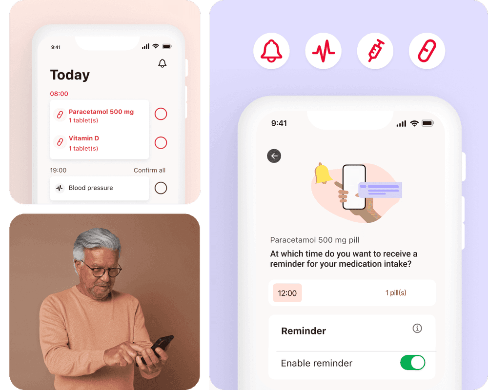 A collage of photos from the MyTherapy app. One shows an older man on his phone, while the other two show screenshots from the app's reminder feature.