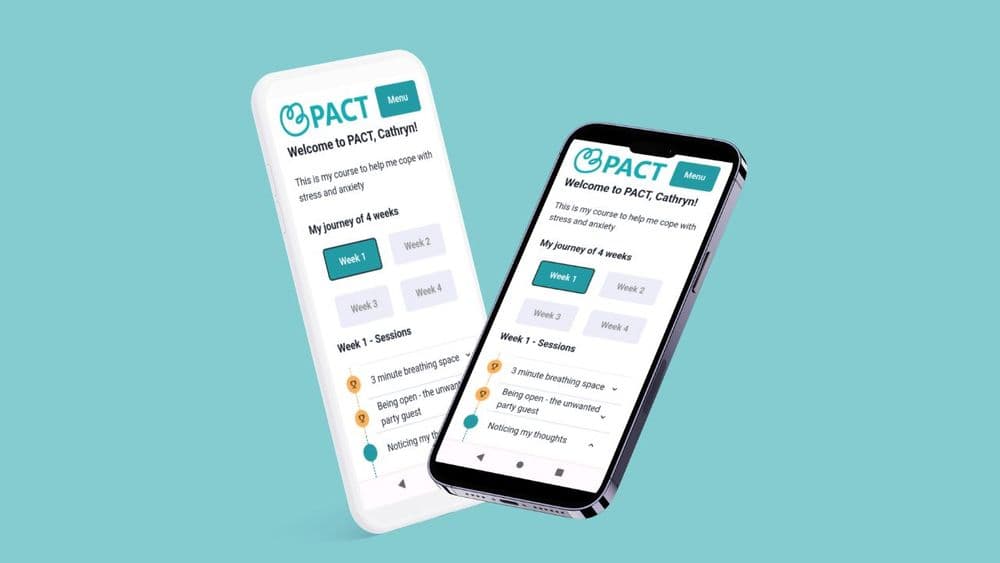 The PACT app home screen open on two smartphones. Both display a welcome message and some of the sessions that are part of week 1 of the PACT course.