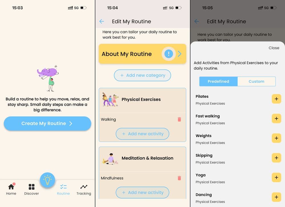Three screenshots from the My Routine set-up process. This includes the button to get started, some categories and types of workouts that could come under the physical exercise category.
