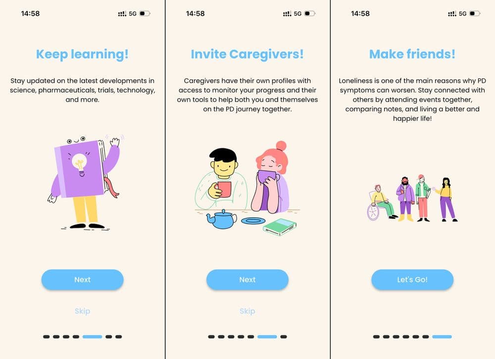 Three screenshots from the sign-up process for PD Buddy, listing three more main features in the app.