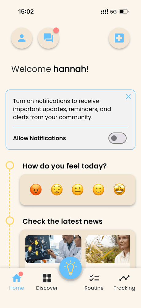A screenshot of the PD Buddy home screen with someone signed in. At the top is a notice to allow notifications to get medication reminders.