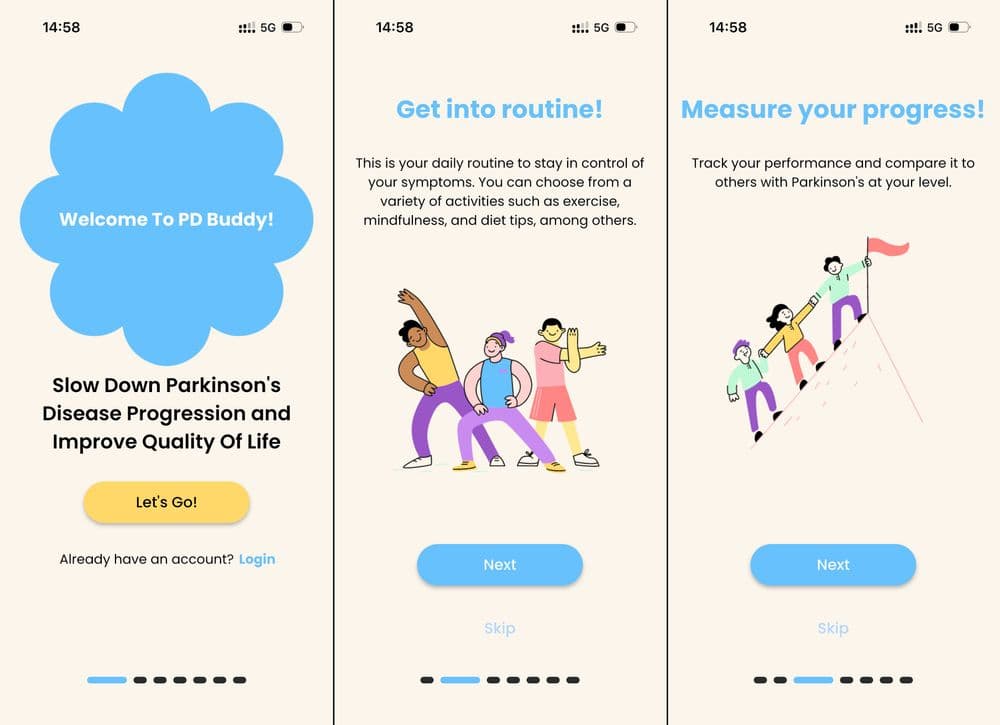 Three screenshots from the sign-up process for PD Buddy, listing the main features in the app.