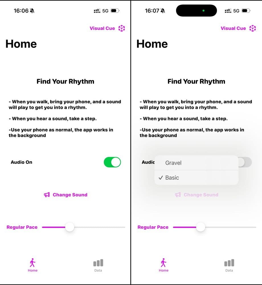 Two screenshots showing the home tab with app instructions, an on button and a pace slider. The second screenshot also includes a dropdown menu with the different sound options: basic and gravel.