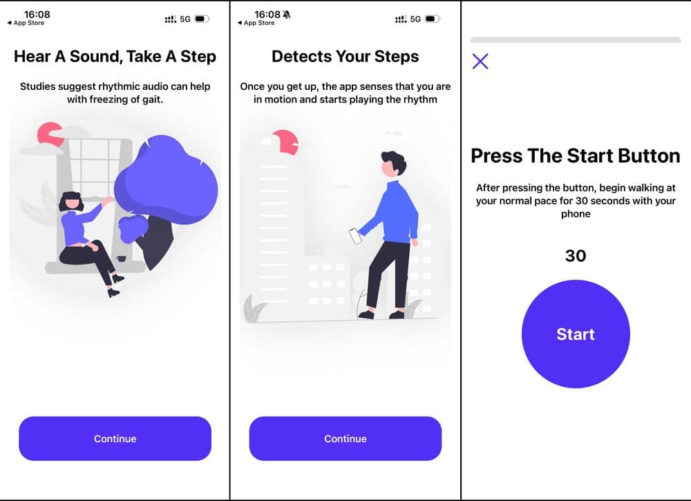 Three screenshots showing the setup process. The first tells you to take a step whenever you hear a sound, the second tells you that the app automatically detects when you start walking, and the third has a large start button which you can press to calibrate your steps the first time you use the app.