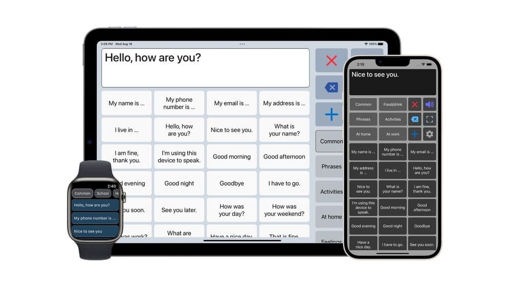 A photo of an Apple Watch, iPad and iPhone each with the Speech Assistant AAC app on their screens.