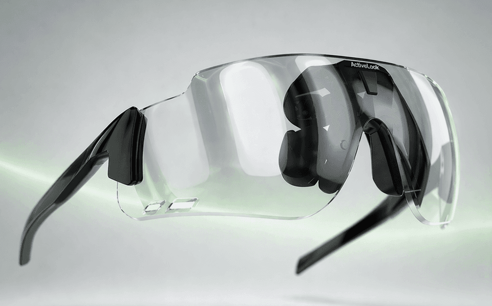 The StrydAR glasses from the side. The tech around the nose piece is visible through the lenses.