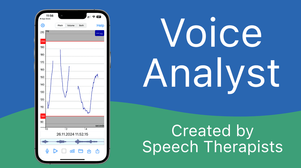 Voice Analyst app showing a graph with the label: “Created by speech therapists”.