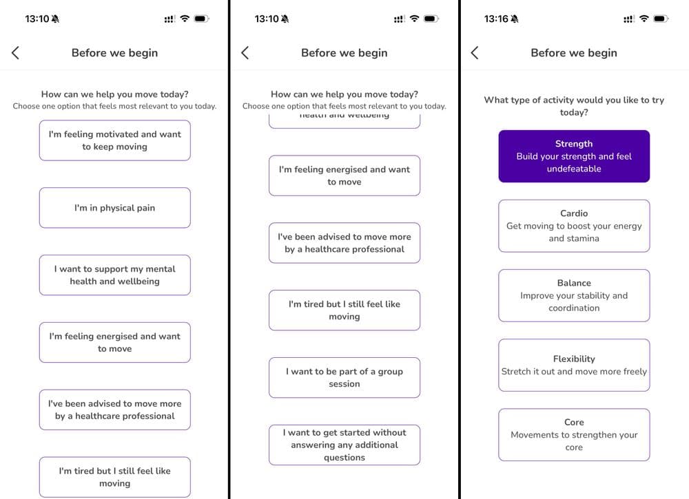 Three screenshots from the We Are Undefeatable app. These show the 'How can we help you move today' page with a long list of options, as well as a choice of activities, including strength, cardio, balance, flexibility and core.