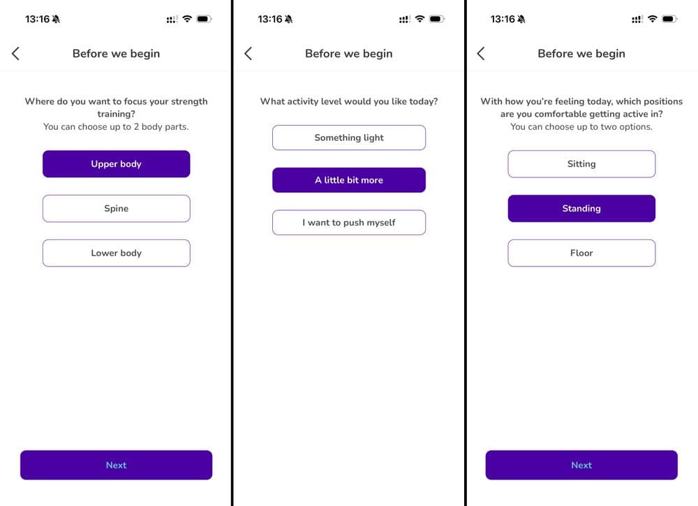 Three screenshots from the We Are Undefeatable app. The app asks to choose which body parts you want to exercise, what activity level you're interested in and whether you'd like to exercise sitting, standing or on the floor. 