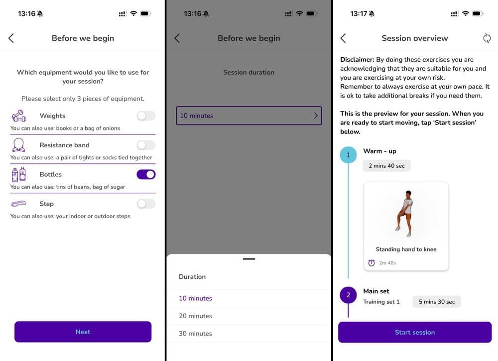 Three screenshots from the We Are Undefeatable app. The first asks what equipment you want to use, the second asks how long your want to work out and the third gives a preview of the exercise session that has been generated.