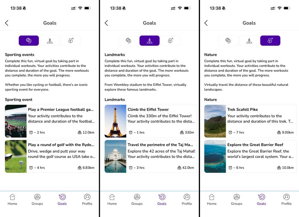 Three screenshots from the We Are Undefeatable app showing the Goals options. This includes sporting events, landmarks and nature. 