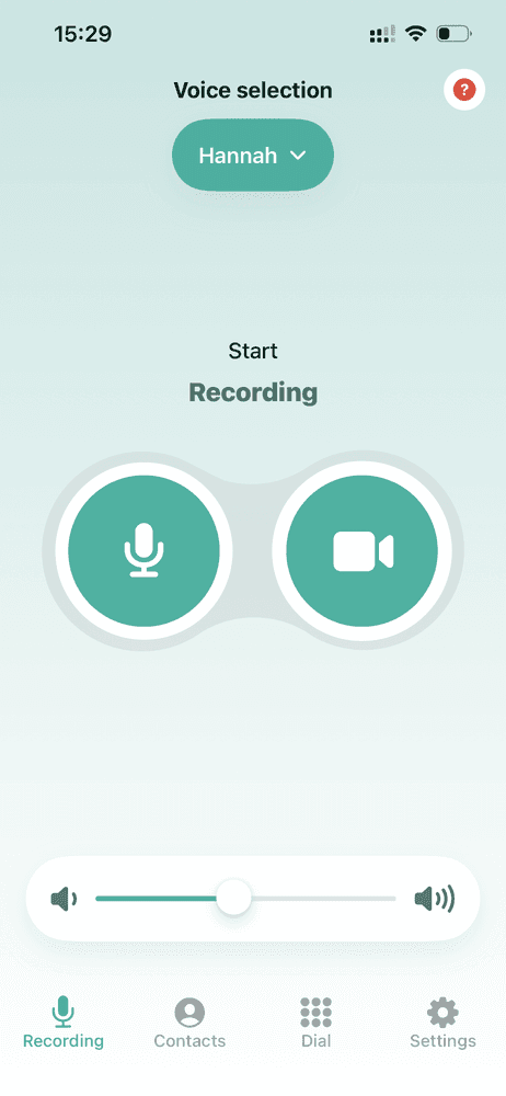 A screenshot from the Whispp app of the record message screen. You can see the chosen voice at the top of the page, along with two larger buttons in the centre. One is of a microphone for audio messages and the other a camcorder for video messages.