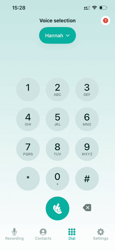 A screenshot of the phone call numberpad in the Whispp app. You can also see the chosen voice above the number pad, along with the call button below it.