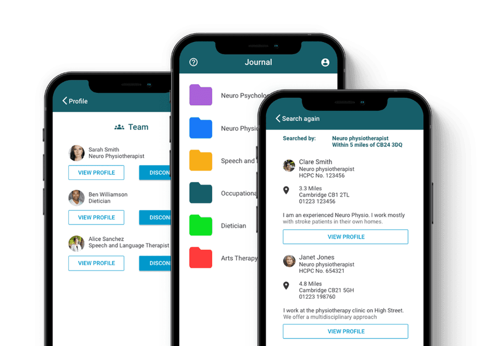 A photo of three smartphones, each phone shows a different screen of the Neuro ProActive app.
