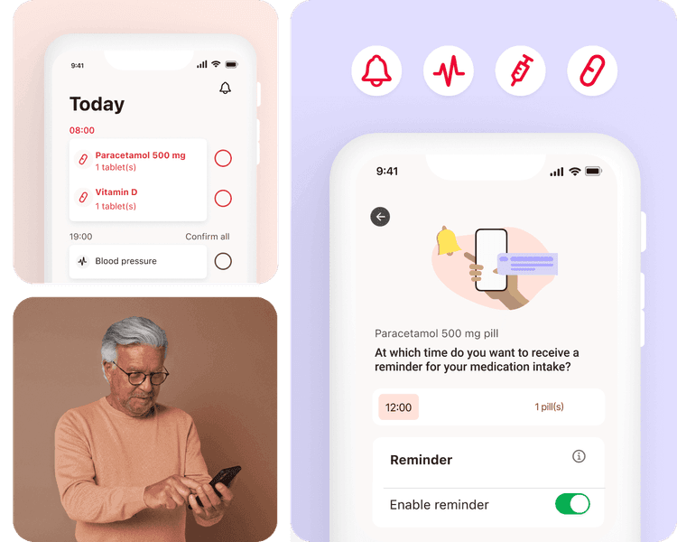 A collage of photos from the MyTherapy app. One shows an older man on his phone, while the other two show screenshots from the app's reminder feature.