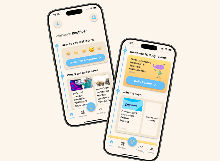 Two iPhones showing the PD Buddy app home page. This includes a welcome message, mood tracking feature, the latest news , daily routine and events.