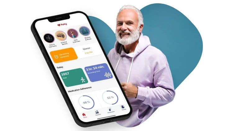 A photo of an older man smiling in front of a large turquoise heart. Next to him is a large iPhone with the Parky app on the screen.