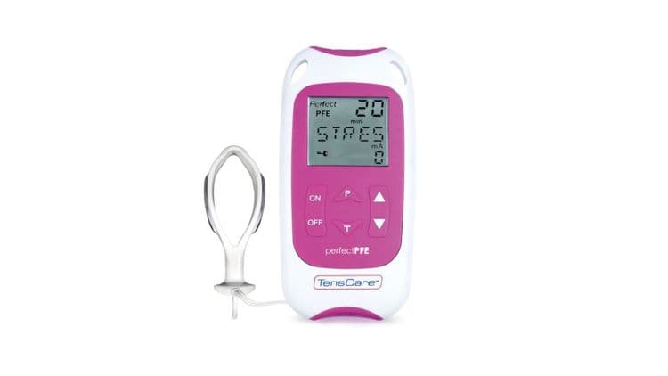 The white and pink Perfect PFE device and probe against a white background.