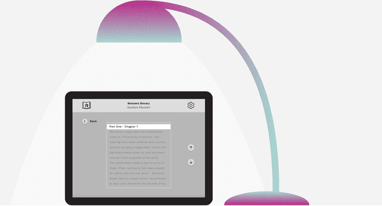 An image of the ReadClear app on a tablet screen. There is an illustration of a lamp beside the tablet, with the light shining on the device.