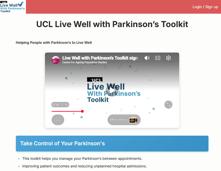A screenshot of the Live Well with Parkinson's Toolkit homepage, including a video previewing the app's features.