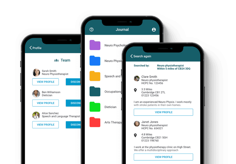 A photo of three smartphones, each phone shows a different screen of the Neuro ProActive app.