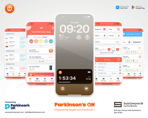 5 screenshots from the Parkinson's On app laid out in a triangle showcasing all of its different features.