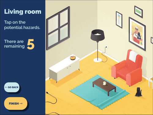 A screenshot from the KOKU app asking you to tap the potential hazards in an illustration of a living room.