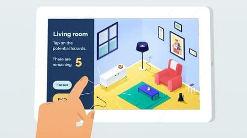 An illustration of a finger tapping the screen of a tablet. The tablet shows a screenshot from the KOKU app where the person is asked to identify five potential hazards in a living room.