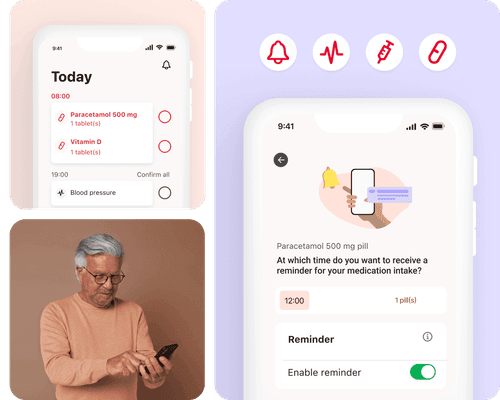 A collage of photos from the MyTherapy app. One shows an older man on his phone, while the other two show screenshots from the app's reminder feature.