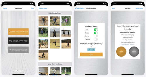Four screenshots from the PD on the GO app. The first shows the home page, the second shows a library of standing and lying down workouts. The third screenshot shows the option to choose which body parts to focus on and the workout length with a Go button. The fourth screenshot shows a generated workout with a list of exercises and Start and Save buttons.